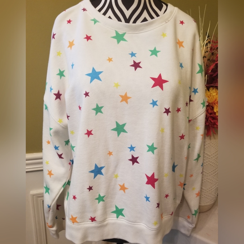 Wonder Nation Girl's White Multicolor Stars Long Sleeve Crew Neck Sweatshirt